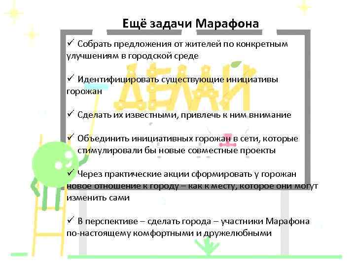 Ещё задачи Марафона ü Собрать предложения от жителей по конкретным улучшениям в городской среде