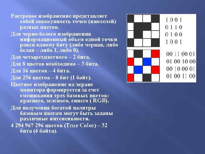 Растровое изображение представляет собой совокупность точек (пикселей) разных цветов. Для черно-белого изображения информационный объем