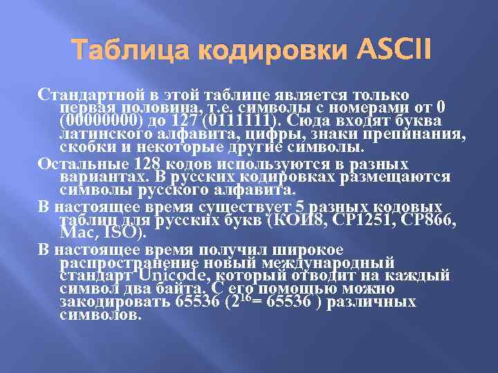 Таблица кодировки ASCII Стандартной в этой таблице является только первая половина, т. е. символы