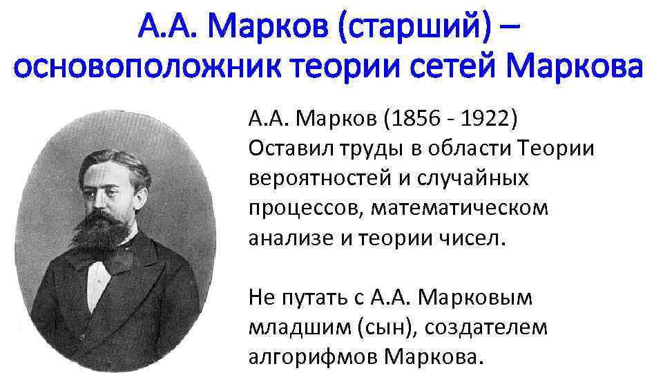 А. А. Марков (старший) – основоположник теории сетей Маркова А. А. Марков (1856 -