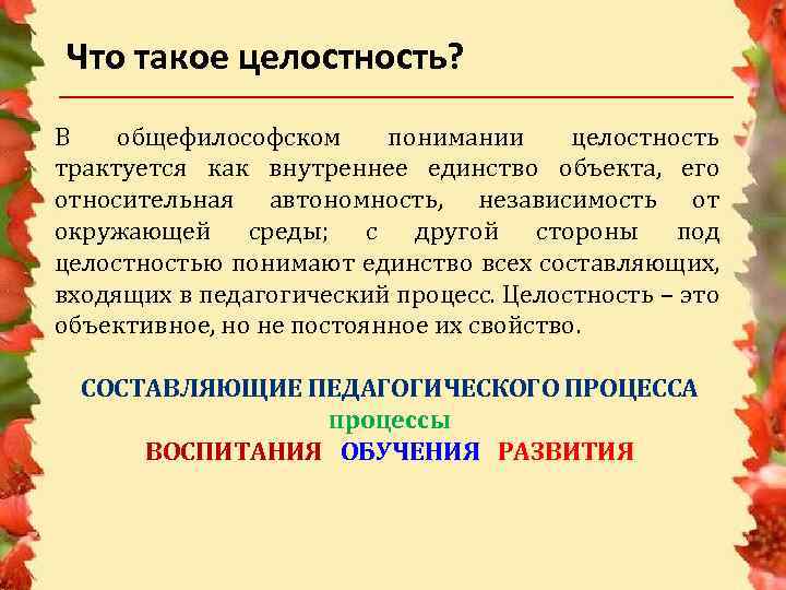 Что такое целостность? В общефилософском понимании целостность трактуется как внутреннее единство объекта, его относительная