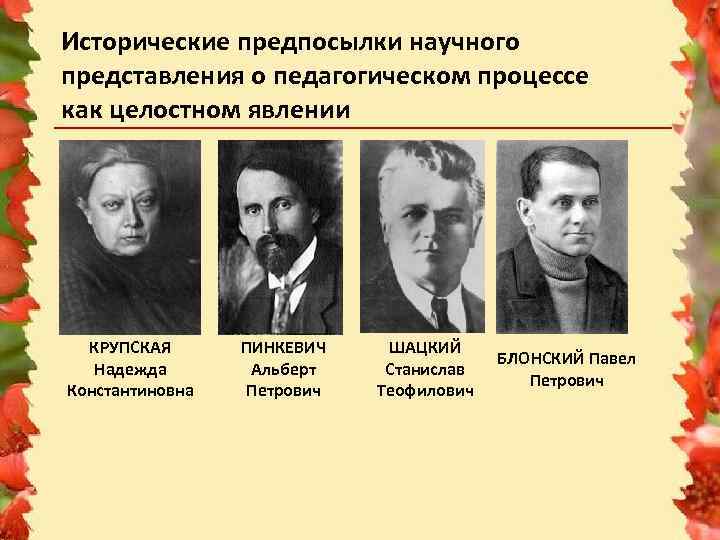 Исторические предпосылки научного представления о педагогическом процессе как целостном явлении КРУПСКАЯ Надежда Константиновна ПИНКЕВИЧ