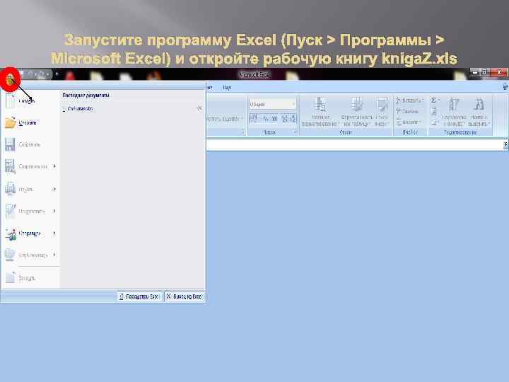 Запустите программу Excel (Пуск > Программы > Microsoft Excel) и откройте рабочую книгу kniga.