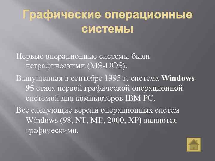 Графические операционные системы Первые операционные системы были неграфическими (MS-DOS). Выпущенная в сентябре 1995 г.