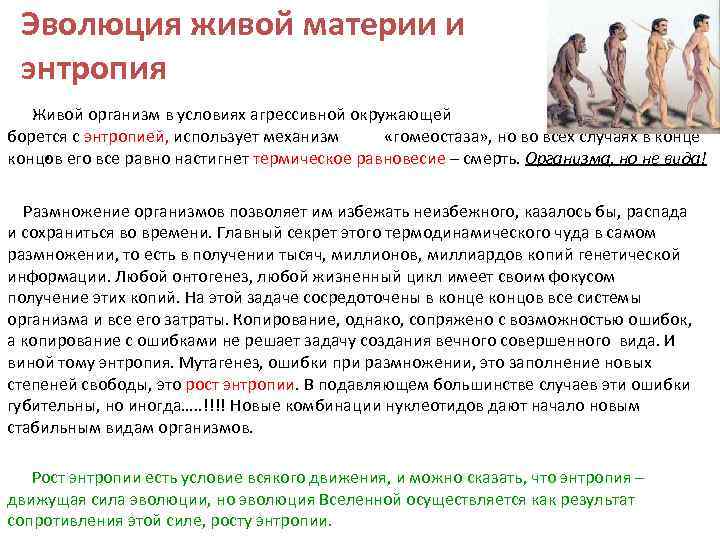 Эволюция живой материи и энтропия Живой организм в условиях агрессивной окружающей среды активно борется