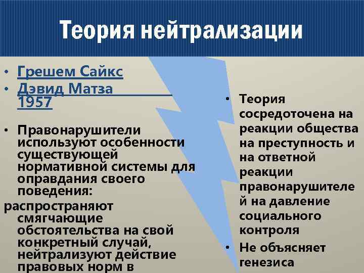 Теория нейтрализации • Грешем Сайкс • Дэвид Матза 1957 • Правонарушители используют особенности существующей