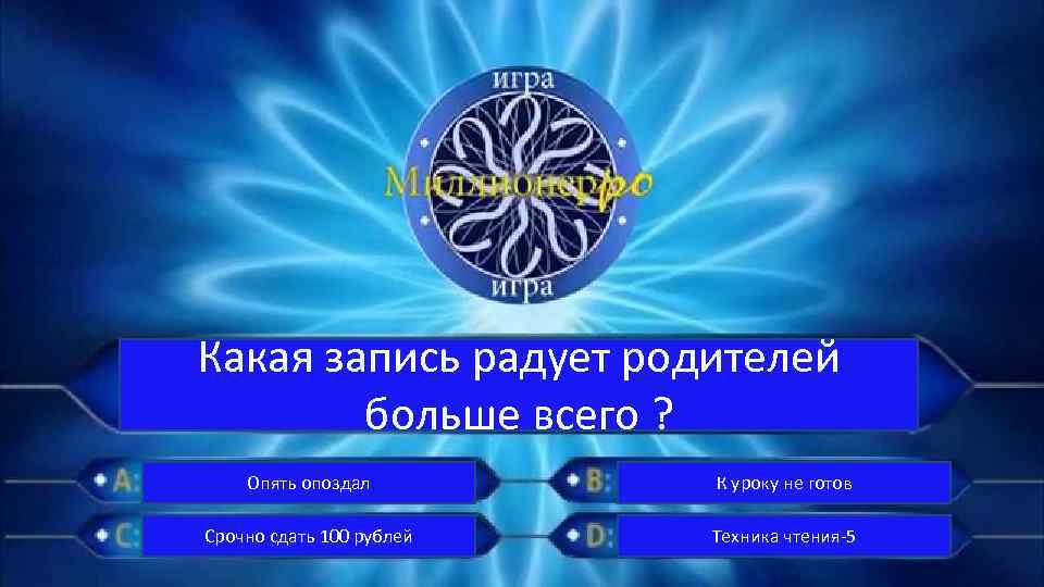 Какая запись радует родителей больше всего ? Опять опоздал К уроку не готов Срочно