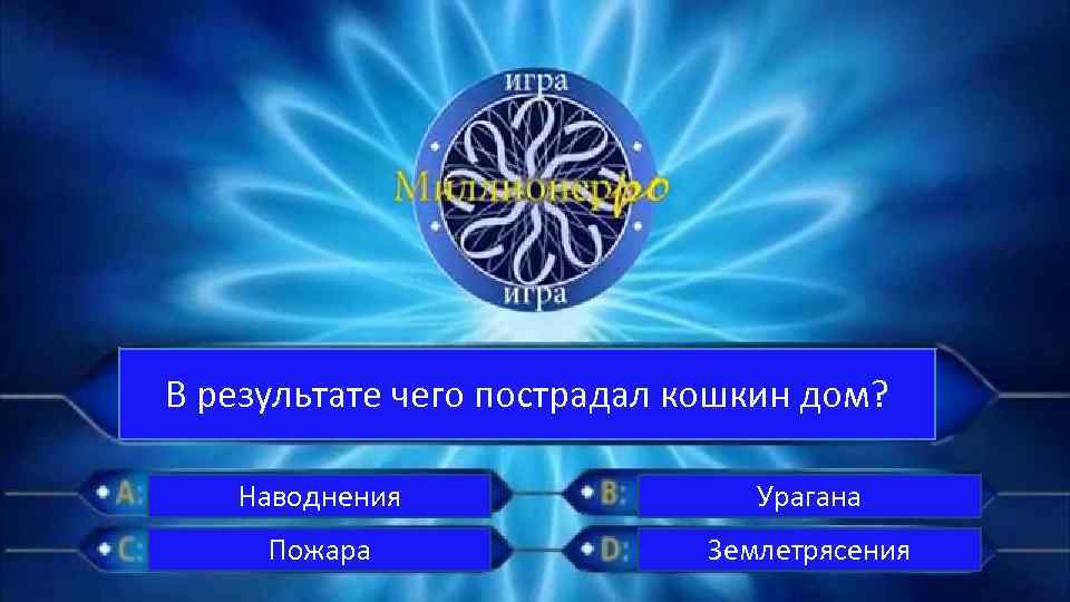 В результате чего пострадал кошкин дом? Наводнения Урагана Пожара Землетрясения 