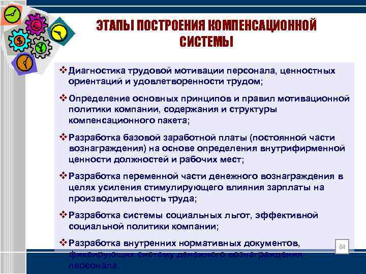ЭТАПЫ ПОСТРОЕНИЯ КОМПЕНСАЦИОННОЙ СИСТЕМЫ v Диагностика трудовой мотивации персонала, ценностных ориентаций и удовлетворенности трудом;
