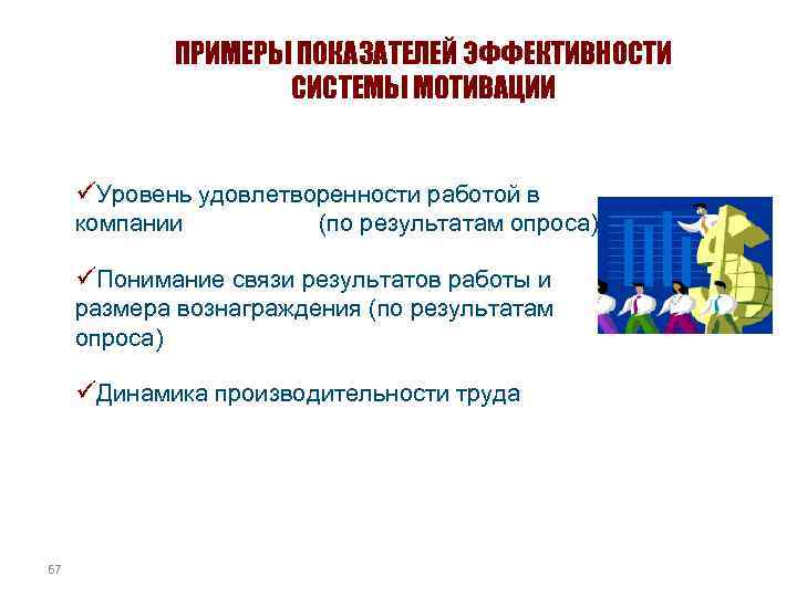 ПРИМЕРЫ ПОКАЗАТЕЛЕЙ ЭФФЕКТИВНОСТИ СИСТЕМЫ МОТИВАЦИИ üУровень удовлетворенности работой в компании (по результатам опроса) üПонимание