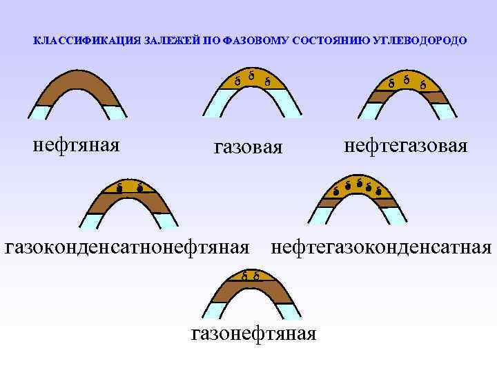 КЛАССИФИКАЦИЯ ЗАЛЕЖЕЙ ПО ФАЗОВОМУ СОСТОЯНИЮ УГЛЕВОДОРОДО нефтяная газовая нефтегазовая газоконденсатнонефтяная нефтегазоконденсатная газонефтяная 