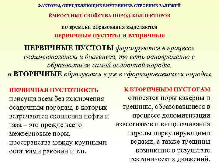 ФАКТОРЫ, ОПРЕДЕЛЯЮЩИЕ ВНУТРЕННЕЕ СТРОЕНИЕ ЗАЛЕЖЕЙ ЁМКОСТНЫЕ СВОЙСТВА ПОРОД-КОЛЛЕКТОРОВ по времени образования выделяются первичные пустоты