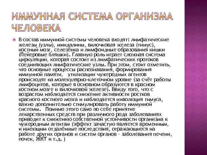  В состав иммунной системы человека входят: лимфатические железы (узлы), миндалины, вилочковая железа (тимус),