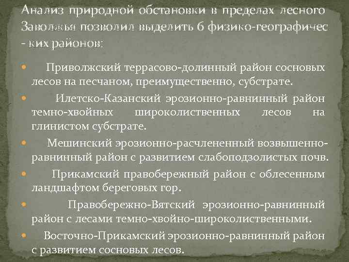Анализ природной обстановки в пределах лесного Заволжья позволил выделить 6 физико-географичес - ких районов: