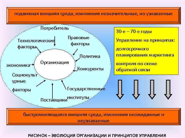 подвижная внешняя среда, изменения незначительные, но узнаваемые Потребитель Технологические факторы экономика Социокульт урные факторы