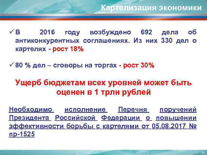 Картелизация экономики üВ 2016 году возбуждено 692 дела об антиконкурентных соглашениях. Из них 330