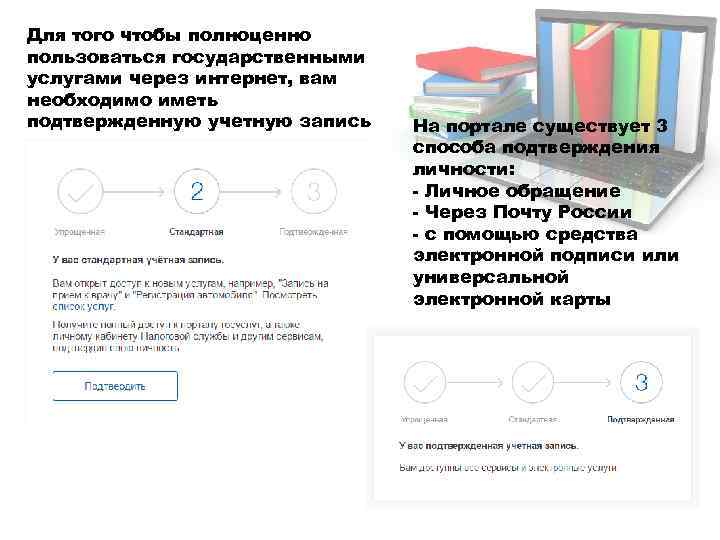 Для того чтобы полноценно пользоваться государственными услугами через интернет, вам необходимо иметь подтвержденную учетную