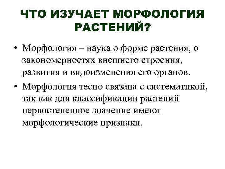 ЧТО ИЗУЧАЕТ МОРФОЛОГИЯ РАСТЕНИЙ? • Морфология – наука о форме растения, о закономерностях внешнего