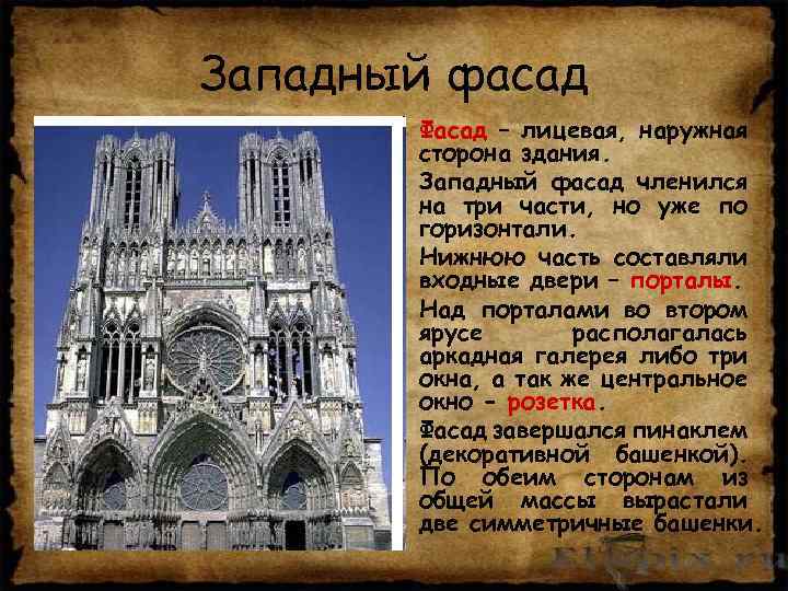 Западный фасад • Фасад – лицевая, наружная сторона здания. • Западный фасад членился на