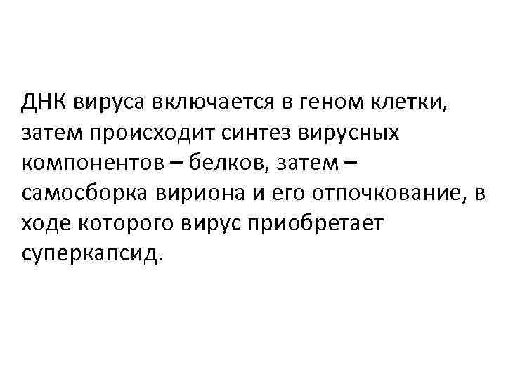 ДНК вируса включается в геном клетки, затем происходит синтез вирусных компонентов – белков, затем
