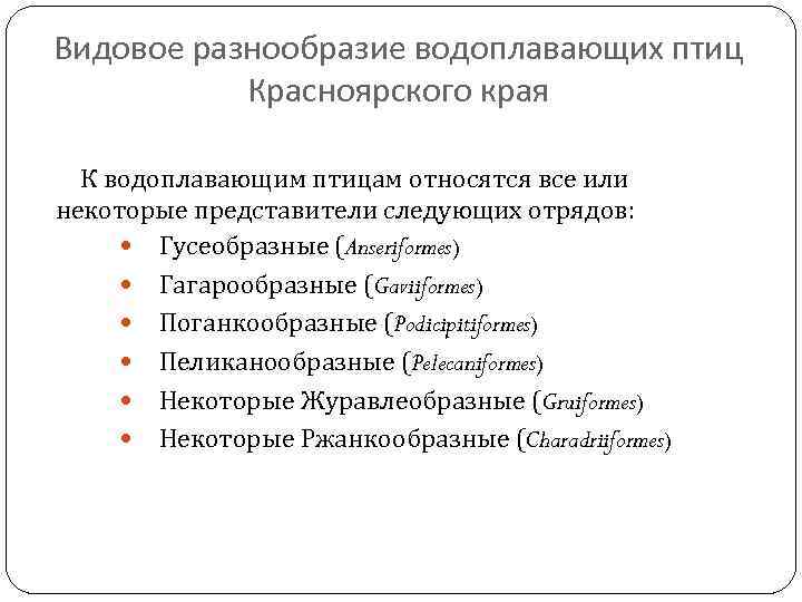 Видовое разнообразие водоплавающих птиц Красноярского края К водоплавающим птицам относятся все или некоторые представители