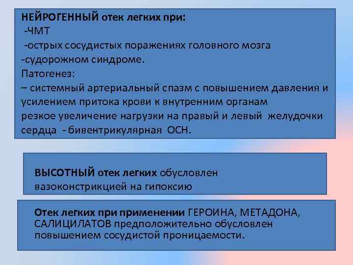 НЕЙРОГЕННЫЙ отек легких при: -ЧМТ -острых сосудистых поражениях головного мозга -судорожном синдроме. Патогенез: –