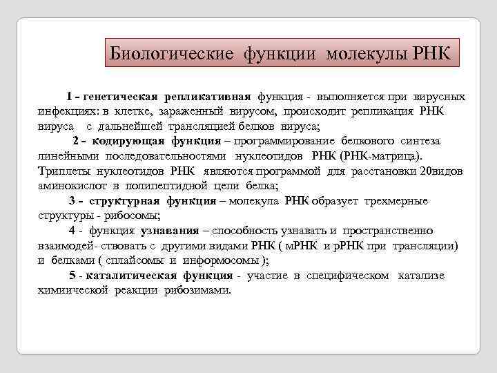 Биологические функции молекулы РНК 1 - генетическая репликативная функция - выполняется при вирусных инфекциях: