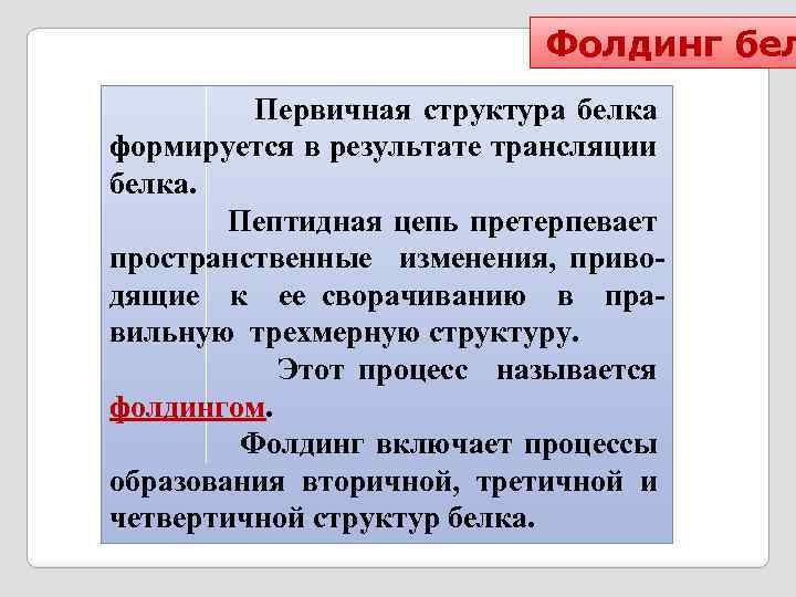  Фолдинг бел Первичная структура белка формируется в результате трансляции белка. Пептидная цепь претерпевает