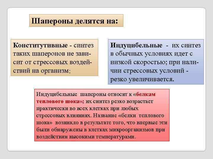 Шапероны делятся на: Конститутивные - синтез таких шаперонов не зависит от стрессовых воздействий на
