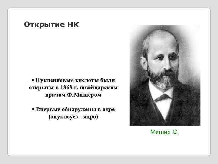 Открытие НК § Нуклеиновые кислоты были открыты в 1868 г. швейцарским врачом Ф. Мишером