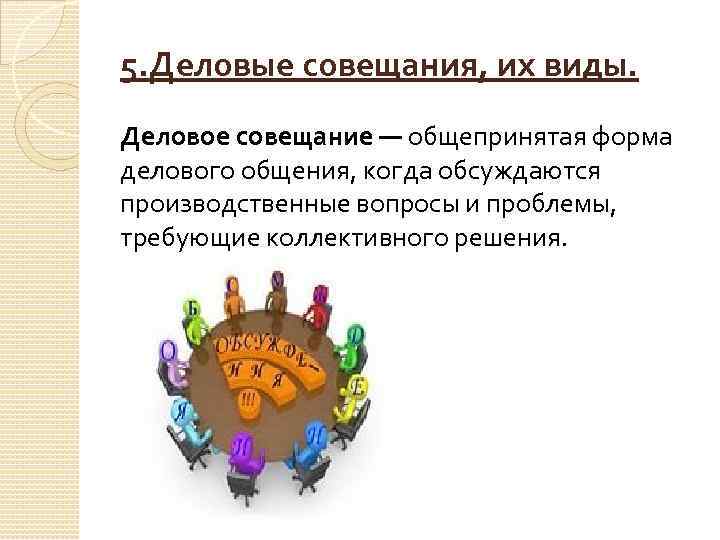 5. Деловые совещания, их виды. Деловое совещание — общепринятая форма делового общения, когда обсуждаются