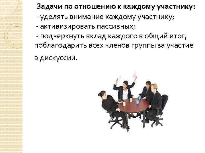 Задачи по отношению к каждому участнику: - уделять внимание каждому участнику; - активизировать пассивных;