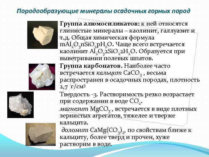 Породообразующие минералы осадочных горных пород Группа алюмосиликатов: к ней относятся глинистые минералы – каолинит,