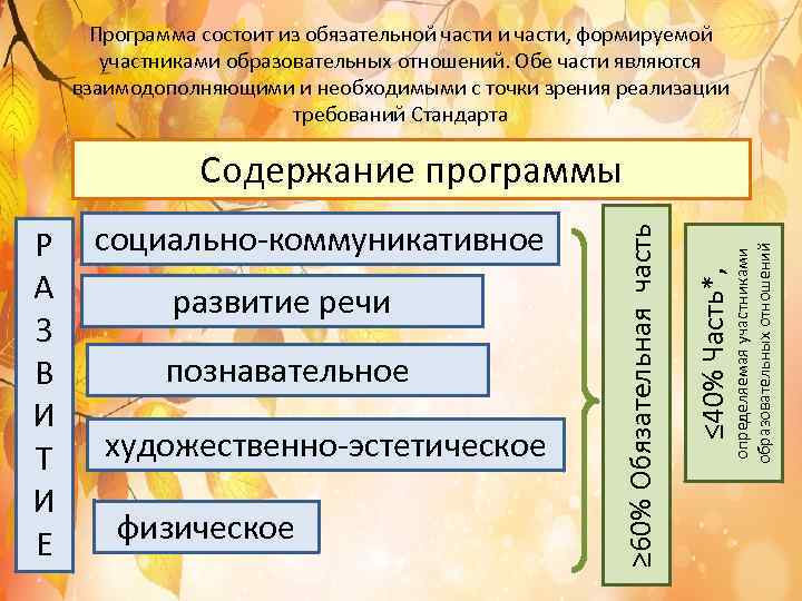 Программа состоит из обязательной части и части, формируемой участниками образовательных отношений. Обе части являются