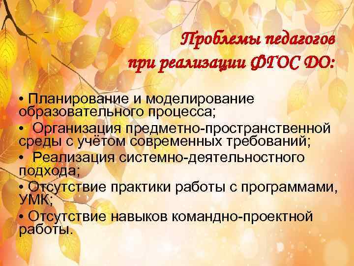 Проблемы педагогов при реализации ФГОС ДО: • Планирование и моделирование образовательного процесса; • Организация