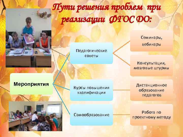Пути решения проблем при реализации ФГОС ДО: Семинары, вебинары Педагогические советы Консультации, мозговые штурмы