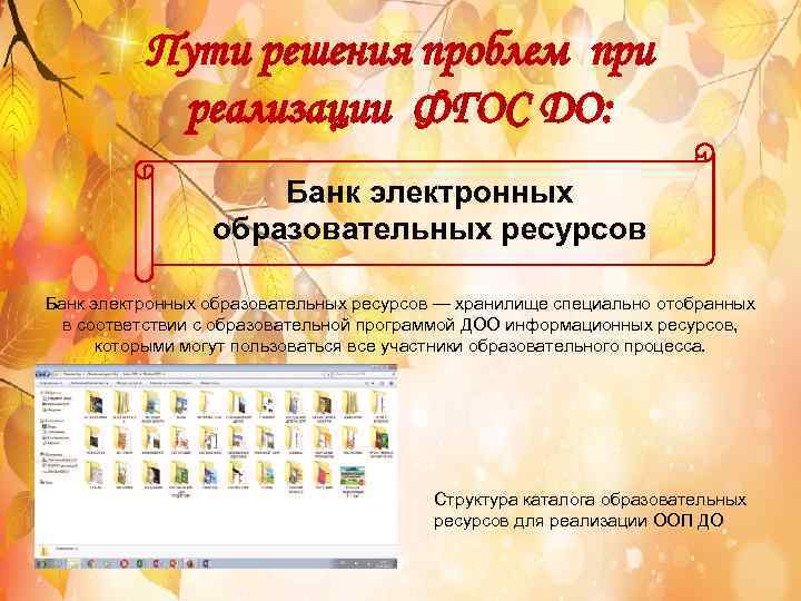 Пути решения проблем при реализации ФГОС ДО: Банк электронных образовательных ресурсов — хранилище специально