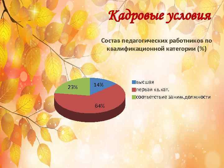Кадровые условия Состав педагогических работников по квалификационной категории (%) 23% 14% 64% высшая первая