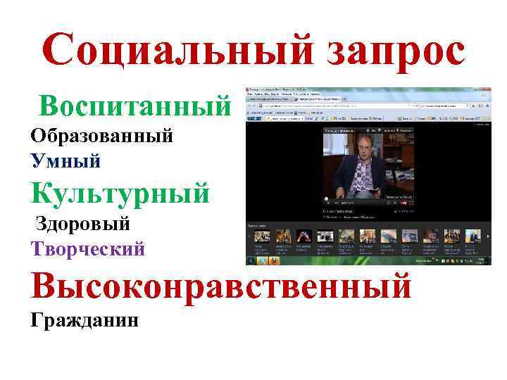 Социальный запрос Воспитанный Образованный Умный Культурный Здоровый Творческий Высоконравственный Гражданин 