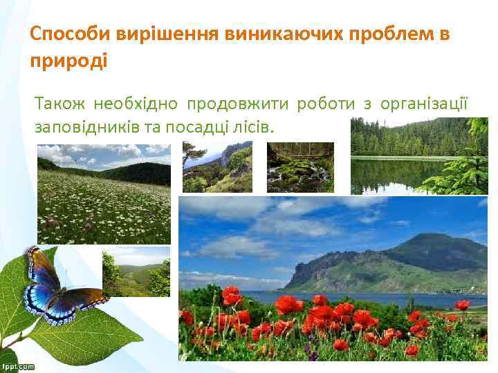 Способи вирішення виникаючих проблем в природі Також необхідно продовжити роботи з організації заповідників та