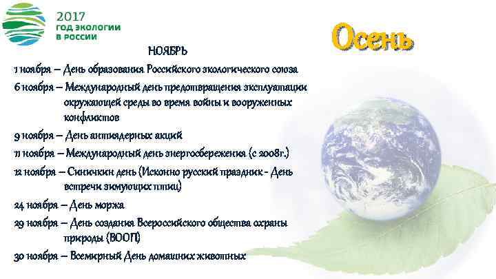 НОЯБРЬ 1 ноября – День образования Российского экологического союза 6 ноября – Международный день