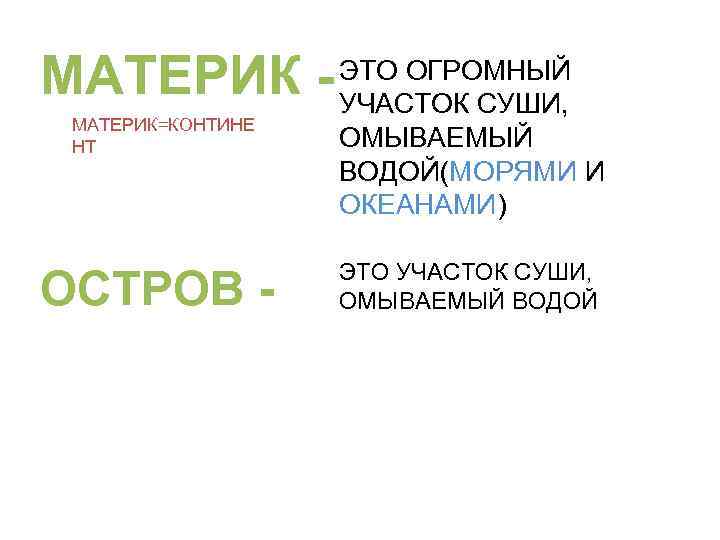 МАТЕРИК=КОНТИНЕ НТ ОСТРОВ - ЭТО ОГРОМНЫЙ УЧАСТОК СУШИ, ОМЫВАЕМЫЙ ВОДОЙ(МОРЯМИ И ОКЕАНАМИ) ЭТО УЧАСТОК