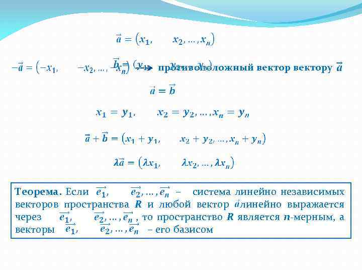 противоположный вектору Теорема. Если – система линейно независимых векторов пространства R и любой вектор
