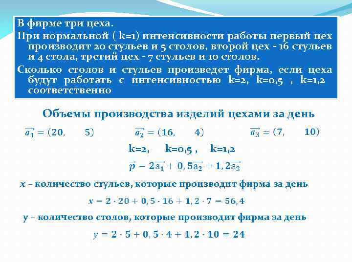 В фирме три цеха. При нормальной ( k=1) интенсивности работы первый цех производит 20