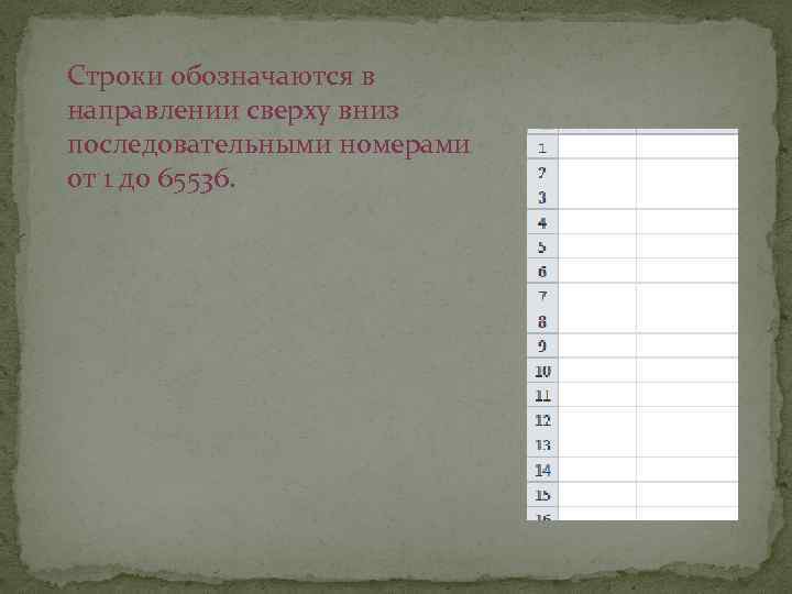 Строки обозначаются в направлении сверху вниз последовательными номерами от 1 до 65536. 