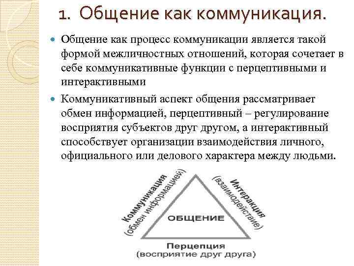 1. Общение как коммуникация. Общение как процесс коммуникации является такой формой межличностных отношений, которая