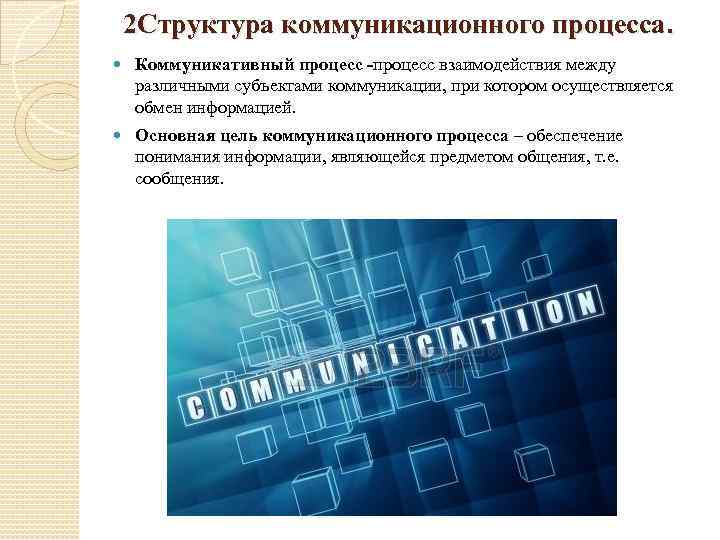 2 Структура коммуникационного процесса. Коммуникативный процесс -процесс взаимодействия между различными субъектами коммуникации, при котором