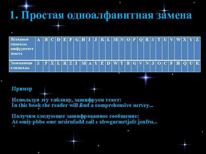 1. Простая одноалфавитная замена Исходные A символы шифруемого текста B C D E F