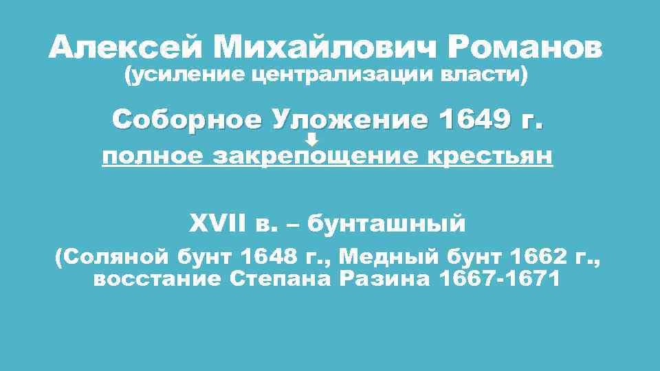 Алексей Михайлович Романов (усиление централизации власти) Соборное Уложение 1649 г. полное закрепощение крестьян XVII