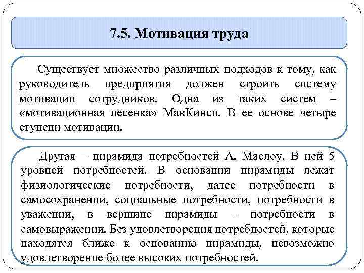 7. 5. Мотивация труда Существует множество различных подходов к тому, как руководитель предприятия должен